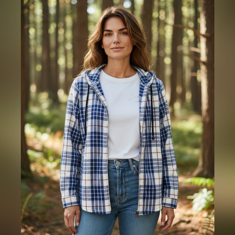 L.L. Bean Women's Flannel Hoodie Full Zip Plaid Jacket Relaxed Cotton Blue Small